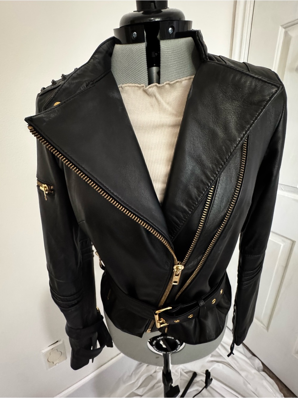 Moda International Black Leather Moto Jacket with Gold Hardware